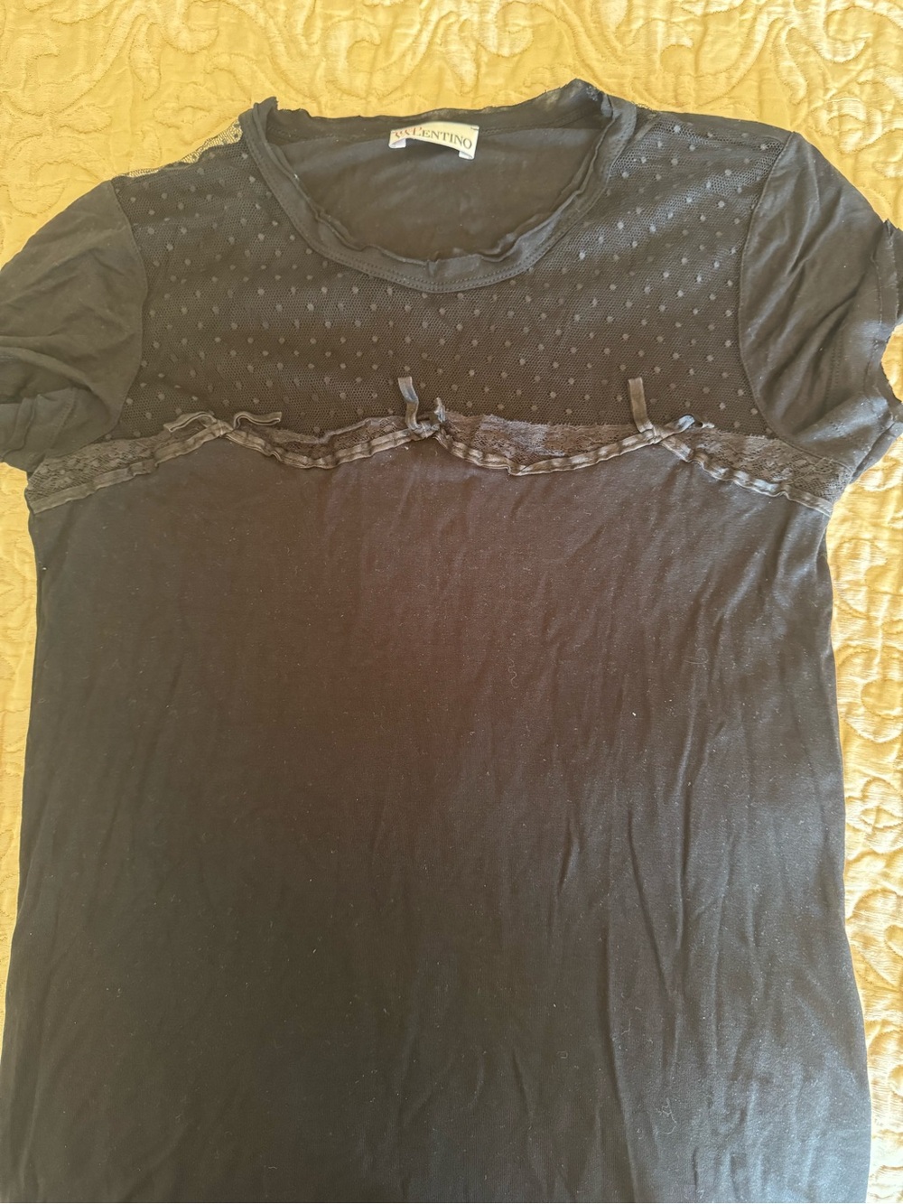 RED Valentino Black Short Sleeve Knit Tee with Textured Yoke
